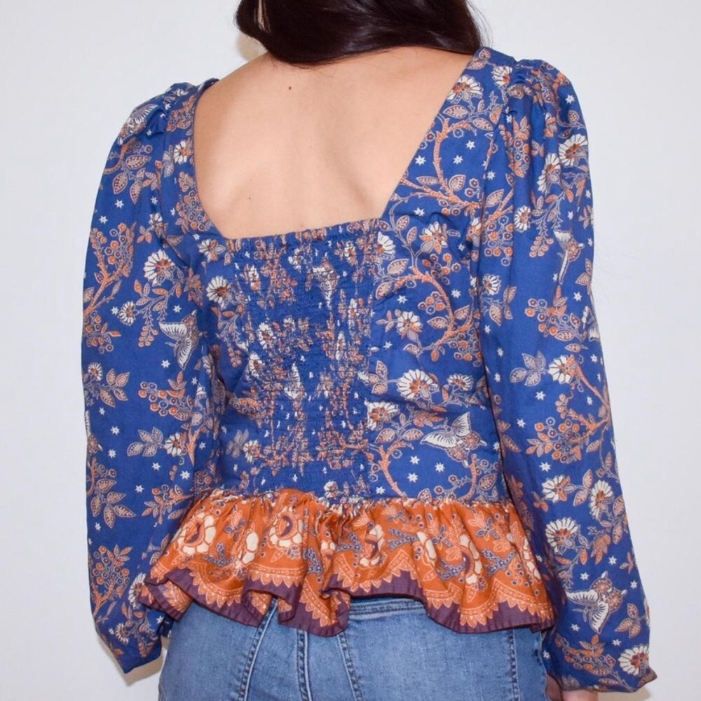House of Harlow 1960 Nastassia blue and orange floral billowy puff sleeve - Picture 4 of 16